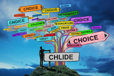 A person overwhelmed by too many choices at a crossroads.