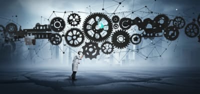 Surreal illustration of a scientist examining interconnected gears representing delayed treatment effects.
