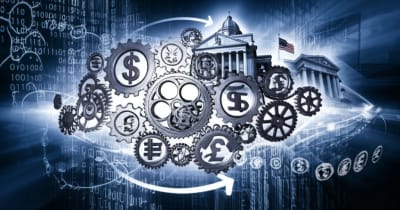 Interconnected gears symbolizing the global economy, with central bank buildings in the background.