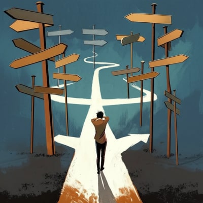 Person overwhelmed by information at a crossroads.