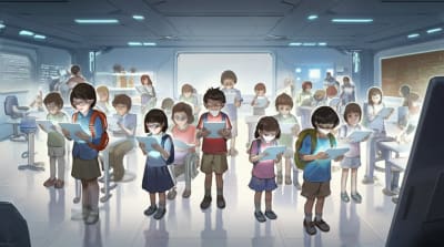 Children using tablets in a futuristic classroom, symbolizing digital education.