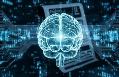 Data streams forming a brain, symbolizing machine learning for policy evaluation