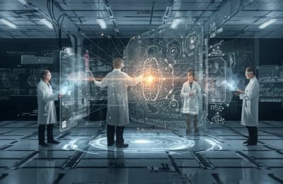 Scientists collaborating with AI in a futuristic laboratory