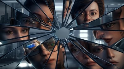 AI-generated image reflecting biased stereotypes in shattered mirror.