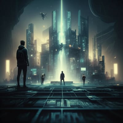 Decentralized finance illustrated with a futuristic city built on a blockchain.