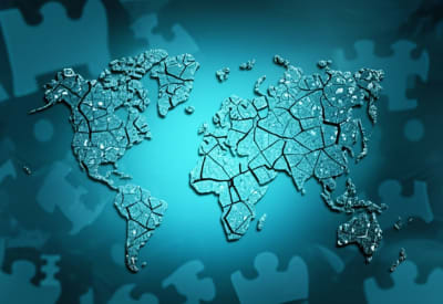 Fractured world map reassembling, symbolizing global economic recovery.