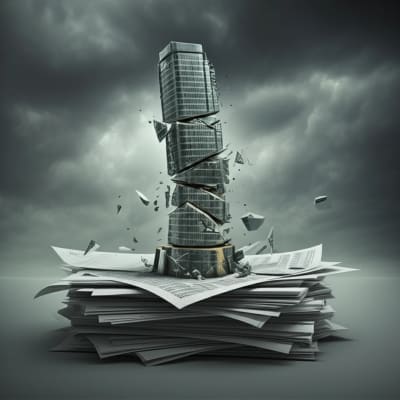 Fragile glass model of a skyscraper on financial spreadsheets symbolizing model risk.