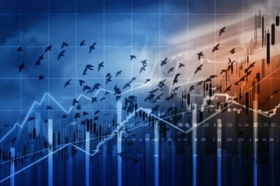 Stock market chart transforming into birds, symbolizing market volatility.