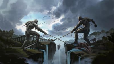 Global powers influenced by smaller nations in a tug-of-war.