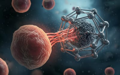 C60 fullerene molecule attacking a cancerous cell