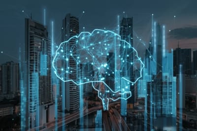 AI Brain and Stock Chart Cityscape