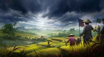 Rice fields under stormy sky symbolize harvest conflict in Southeast Asia