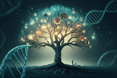 Surreal illustration of an allergy tree with glowing leaves and DNA roots.