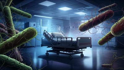 Surreal illustration of antibiotic-resistant bacteria overwhelming a hospital setting.