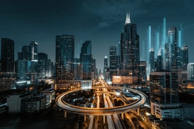 Glowing traffic patterns weave through a futuristic cityscape, symbolizing innovative solutions to urban congestion.