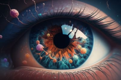 Surreal image of a human eye transforming into immune cells, representing autoimmune glaucoma.