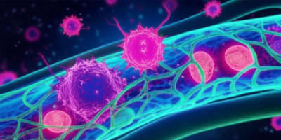 Microscopic view of liver cancer cells invading blood vessels, highlighted by PET scan colors.