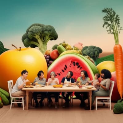 A family enjoying a meal with oversized healthy foods, symbolizing balanced eating habits.