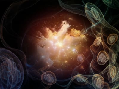 Interconnected cells communicating through light signals, symbolizing redox signaling.