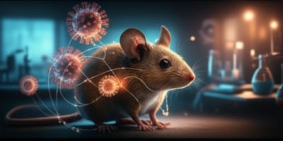 Surreal illustration of a mouse model intertwined with RSV viruses, symbolizing medical research and potential breakthroughs.