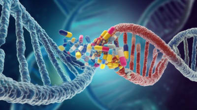 DNA strands merging with pharmaceutical capsules