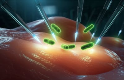 Microscopic view of chicken meat with Salmonella bacteria under detection.