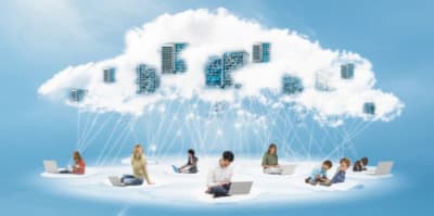 Glowing clouds shaped like servers provide knowledge to students with laptops, connecting seamlessly to the cloud.