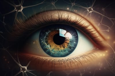 Eye with interwoven DNA strands, symbolizing the genetic basis of Leber's Hereditary Optic Neuropathy