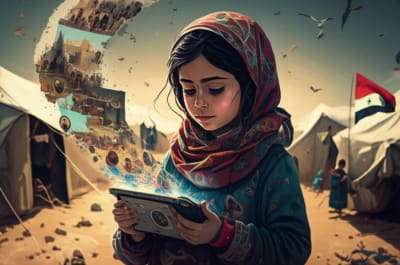 Syrian refugee girl using SenseMaker device in a refugee camp.