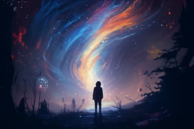 A person gazing at a vortex of light in the night sky, symbolizing anomalous experiences and mental exploration.