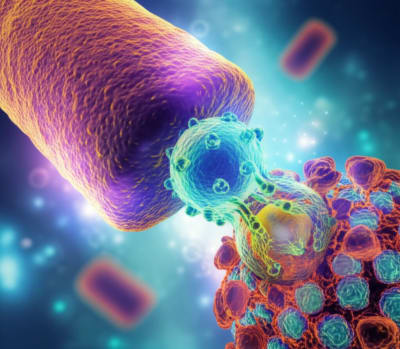 Digital illustration depicting the HTLV-1 virus infecting a human T-cell.
