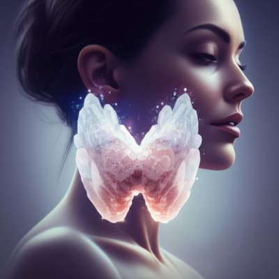 Illustration of a thyroid gland made of salt crystals and a woman's silhouette, representing thyroid health.
