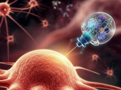 Illustration depicting theranostics in action, with a cancer cell being targeted by a combined diagnostic and therapeutic agent.