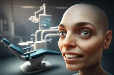 Illustration of a person with Apert syndrome undergoing dental treatment in a clinic setting, promoting comfort and support