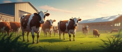 Illustration depicting a herd of happy cows in a green pasture with a modern farm building in the background. The image promotes ethical and sustainable farming practices.
