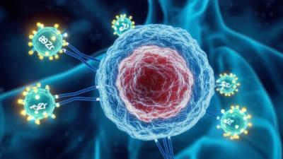 Illustration depicting theranostics in action, with a cancer cell being targeted by advanced therapies.