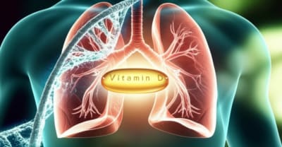 Illustration of healthy lungs intertwined with DNA strands and a vitamin D capsule, representing the connection between genes, vitamin D, and lung health.