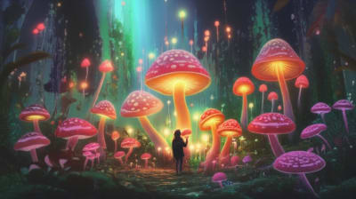 Illustration of a person in a forest, surrounded by glowing mushrooms.