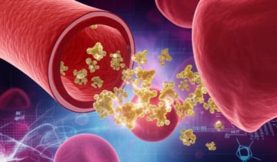 Illustration of lipid-modified staphylokinase dissolving a blood clot in a blood vessel, representing a breakthrough in blood clot treatment.