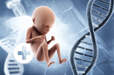 Illustration of a fetus with short limbs and a narrow chest, symbolizing SRTD3, with DNA and medical symbols.