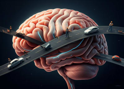 Illustration of a brain with neural pathways being repaired during sleep to facilitate recovery.