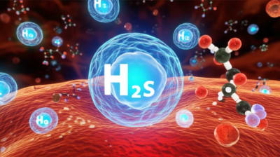 Illustration depicting cancer cells interacting with Hydrogen Sulfide (H2S) molecules.