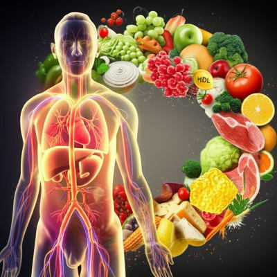 Illustration of the human body with glowing arteries, depicting cholesterol particles, HDL, LDL, and VLDL, with a healthy diet
