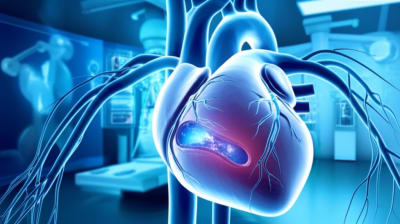 A digital illustration showcasing a human heart with a ruptured artery, highlighting the use of advanced imaging techniques in cardiology.