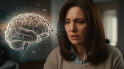 Illustration showing the impact of air pollution on the brain, with a concerned woman looking at the brain.