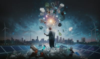 A digital illustration depicts a person sorting recycling materials, with a futuristic cityscape in the background showing clean energy