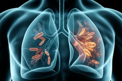 Illustration of C. difficile bacteria invading a human lung, representing C. difficile empyema.