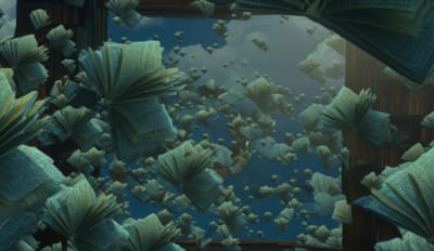 Person surrounded by floating books, symbolizing knowledge and creativity.