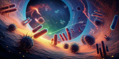 Microscopic view of antibiotics combating resistant bacteria.