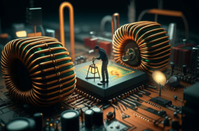 Illustration of technician tuning a boost converter.